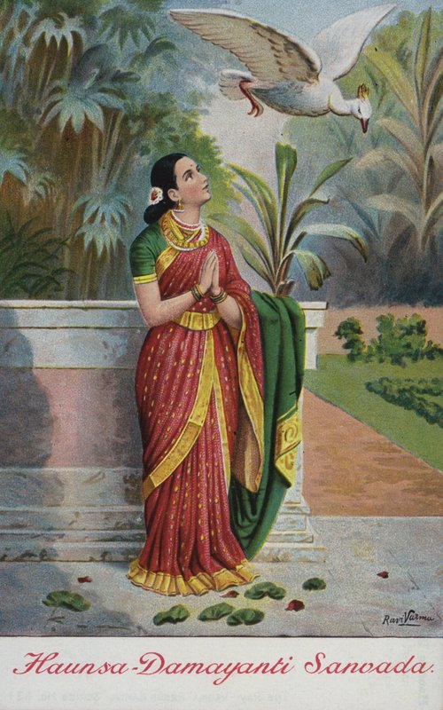 Fuglen Haunsa hyller kong Nalas dyder til Damayanti i hagen hennes av Raja Ravi Varma