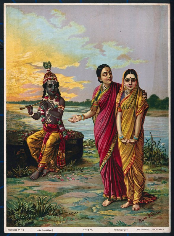 Krishna erklærte sin kjærlighet til Radha via en fortrolig, etter 1900 (farge litho) av Raja Ravi Varma
