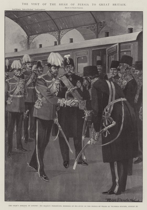 Besøket av sjahen av Persia til Storbritannia, sjahens ankomst til London, Hans Majestet presenterer medlemmene av sin suite til prinsen av Wales på Victoria Station, 18. august av Ralph Cleaver
