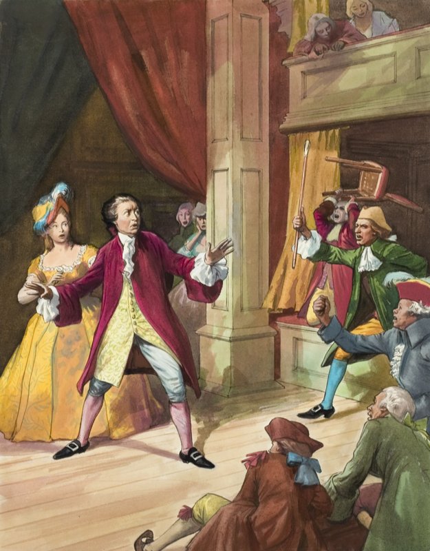 David Garrick (1717–79) står overfor et opprør fra teatergjengere (gouache på papir) av Ralph Bruce