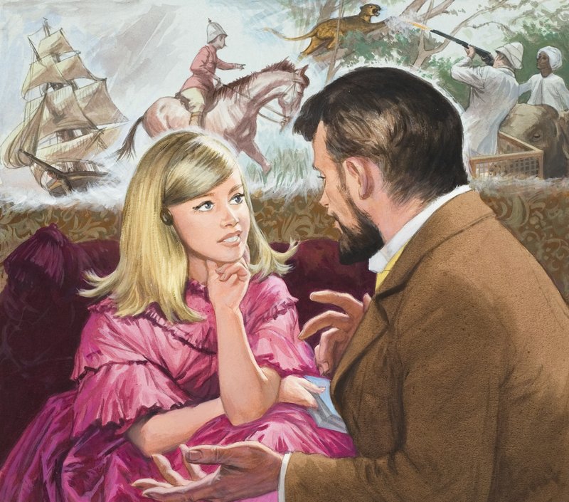 Mary Kingsley (1862–1900) oppdageren lytter til onkelen sin, historiefortelleren Charles Kingsley (1819–75) (gouache på papir) av Ralph Bruce
