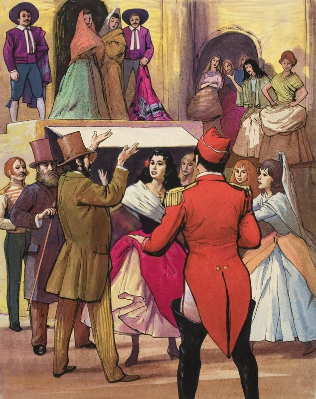 Innøving av en scene fra «Carmen» av Georges Bizet (1838–75) (gouache på papir) av Ralph Bruce