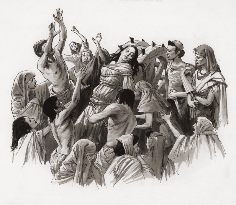 Sankt Katarina blir torturert på hjulet (gouache på papir) av Ralph Bruce