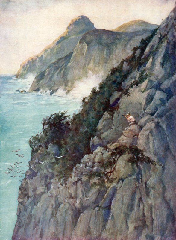 Illustrasjon for Robinson Crusoe av Daniel Defoe (farge litho) av Ralph Noel Pocock
