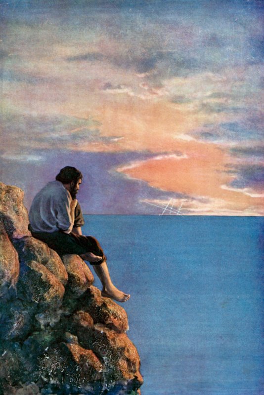 Illustrasjon for Robinson Crusoe av Daniel Defoe (farge litho) av Ralph Noel Pocock