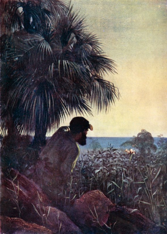 Illustrasjon for Robinson Crusoe av Daniel Defoe (farge litho) av Ralph Noel Pocock