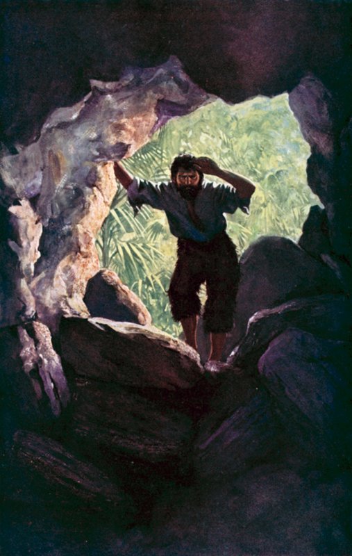 Illustrasjon for Robinson Crusoe av Daniel Defoe (farge litho) av Ralph Noel Pocock