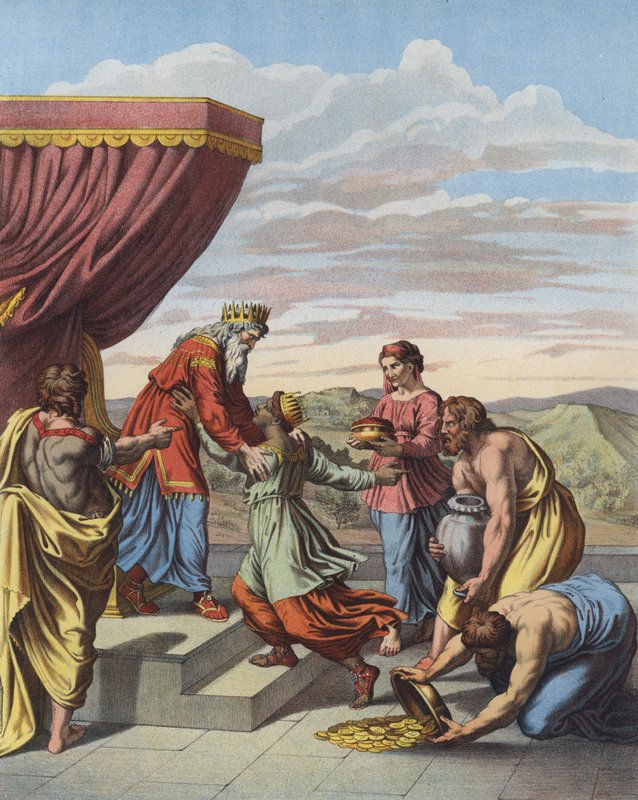 Kong Salomo mottar dronningen av Saba (farge litho) av after Raphael