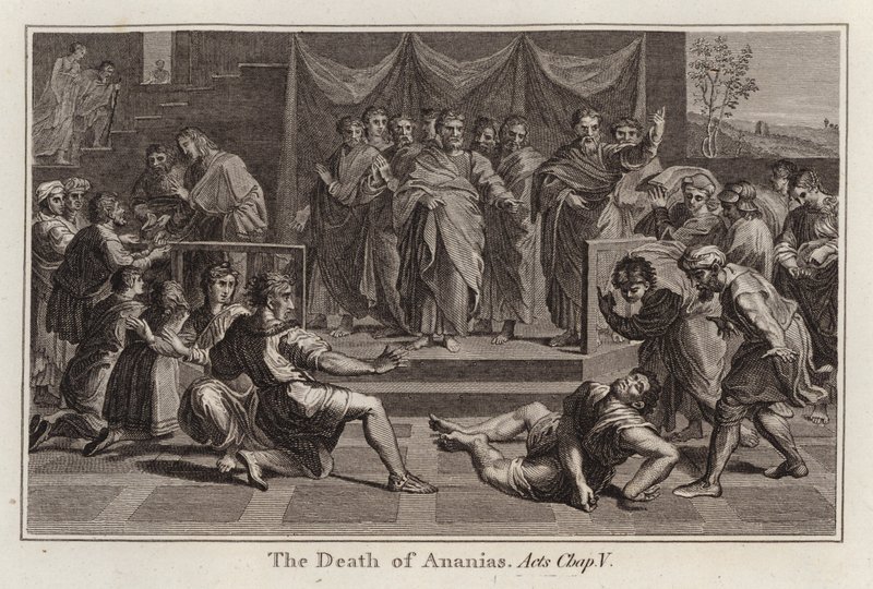 Raphael tegneserie: Ananias død, Apostlenes gjerninger, kap V (gravering) av after Raphael