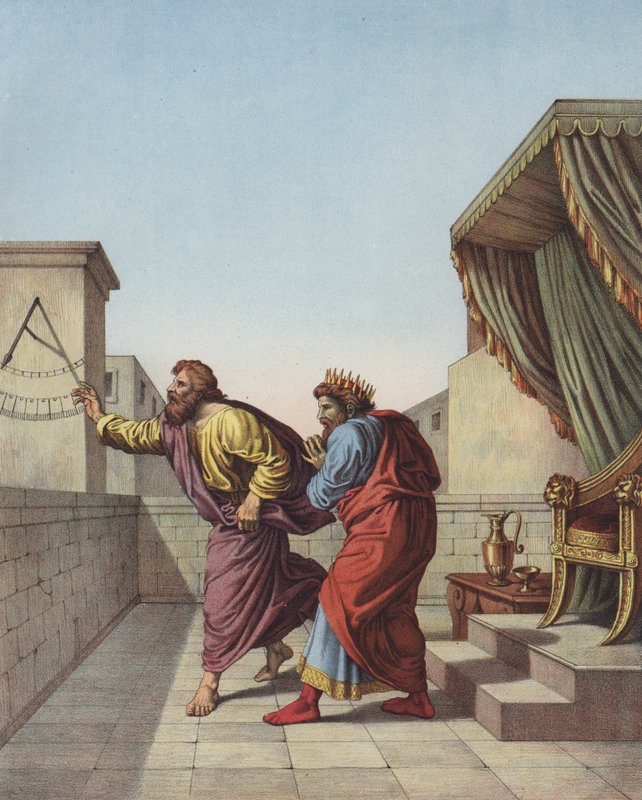 Jesaja informerer kong Hiskia av Juda at han vil leve femten år til (farge litho) av after Raphael