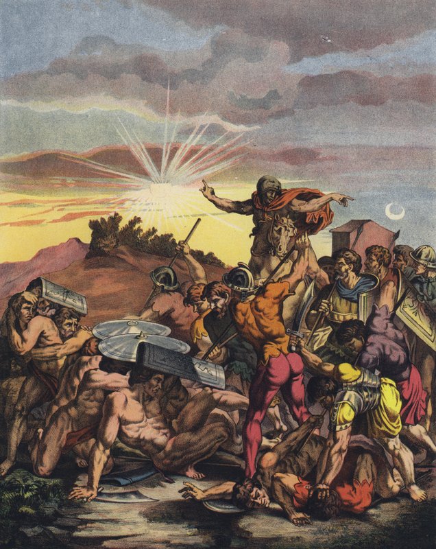 Josva befalte solen å stå stille i slaget ved Gibeon under israelittenes erobring av Kanaan (farge litho) av after Raphael