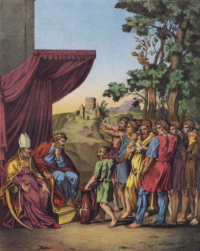 Josva presiderer over tildelingen av Kanaans land til Israels stammer (farge litho) av after Raphael
