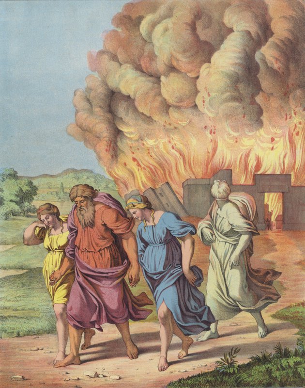 Lot og hans familie flykter fra ødeleggelsen av Sodoma (farge litho) av after Raphael