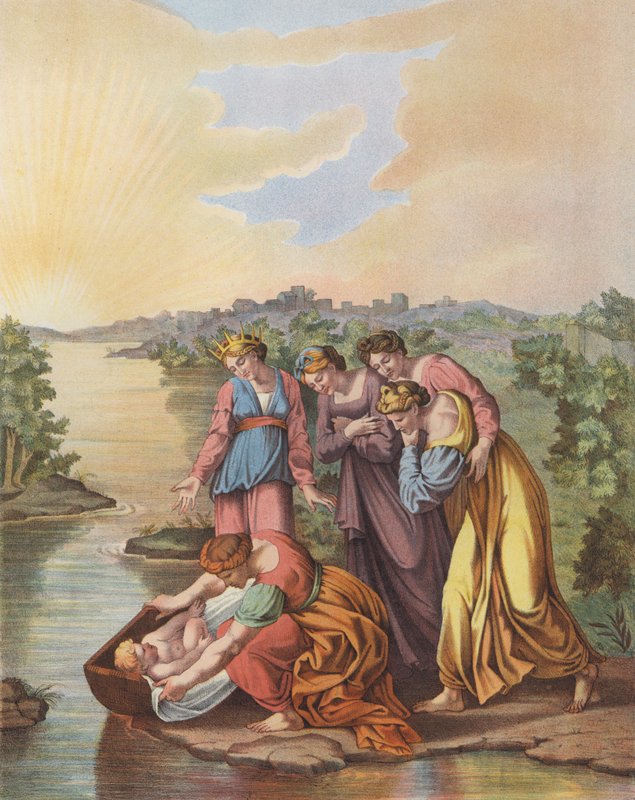 Moses blir reddet fra Nilens vann (farge litho) av after Raphael
