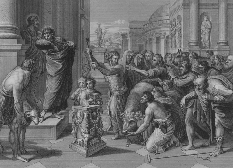 Paulus og Barnabas i Lystra, Apostlenes gjerninger 14, vers 8-19 (gravering) av after Raphael