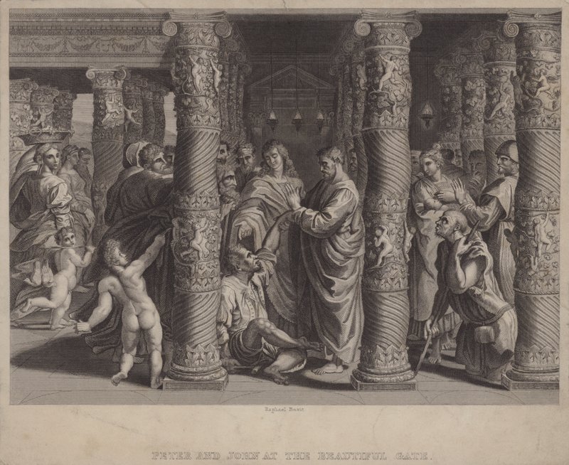 Peter og Johannes ved den vakre porten (gravering) av after Raphael