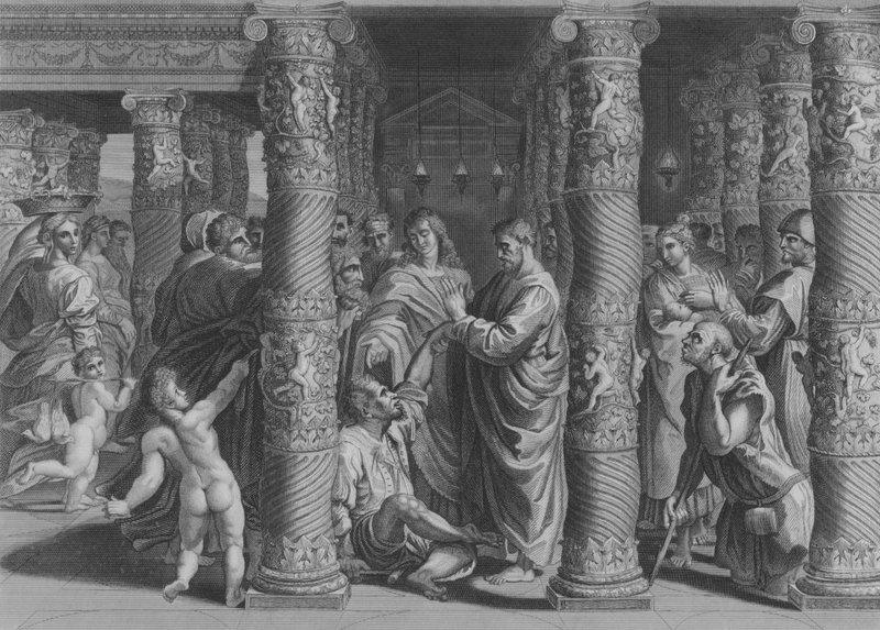 Peter og Johannes ved den vakre porten, Apostlenes gjerninger 3, vers 1-12 (gravering) av after Raphael
