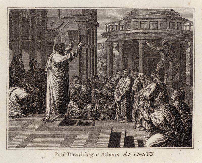 Raphael tegneserie: Paul Preaching at Athen, Apostlenes gjerninger, kap XVII (gravering) av after Raphael