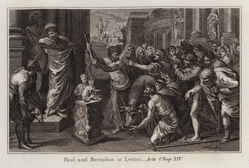 Raphael tegneserie: Paul og Barnabas i Lystra, Apostlenes gjerninger, kap XIV (gravering) av after Raphael