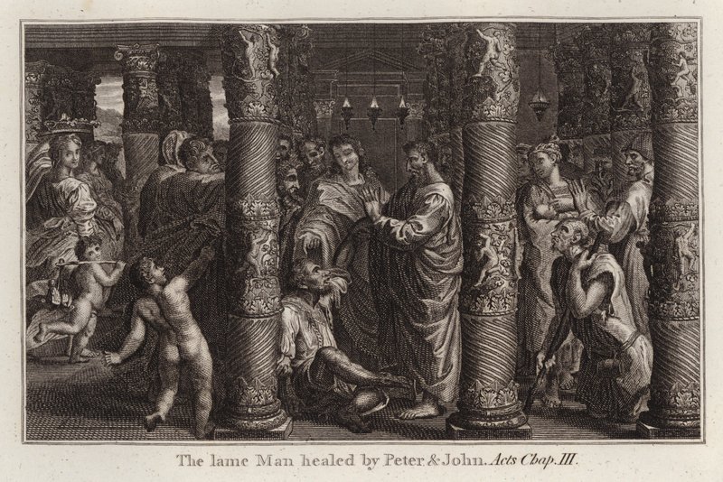 Raphael tegneserie: Den lamme mannen helbredet av Peter og Johannes, Apostlenes gjerninger, kapittel III (gravering) av after Raphael