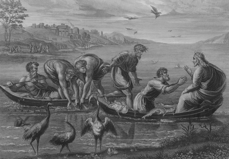 The Miraculous Draft of Fishes (gravering) av after Raphael