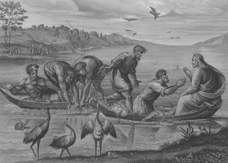 The Miraculous Draft of Fishes, St Lukas 5, Vers 1-12 (gravering) av after Raphael