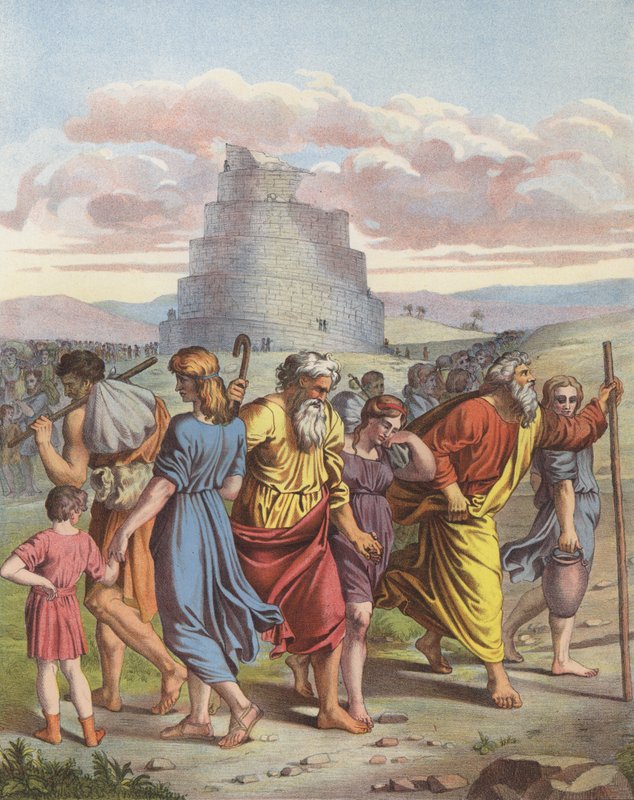 Babelstårnet (farge litho) av after Raphael