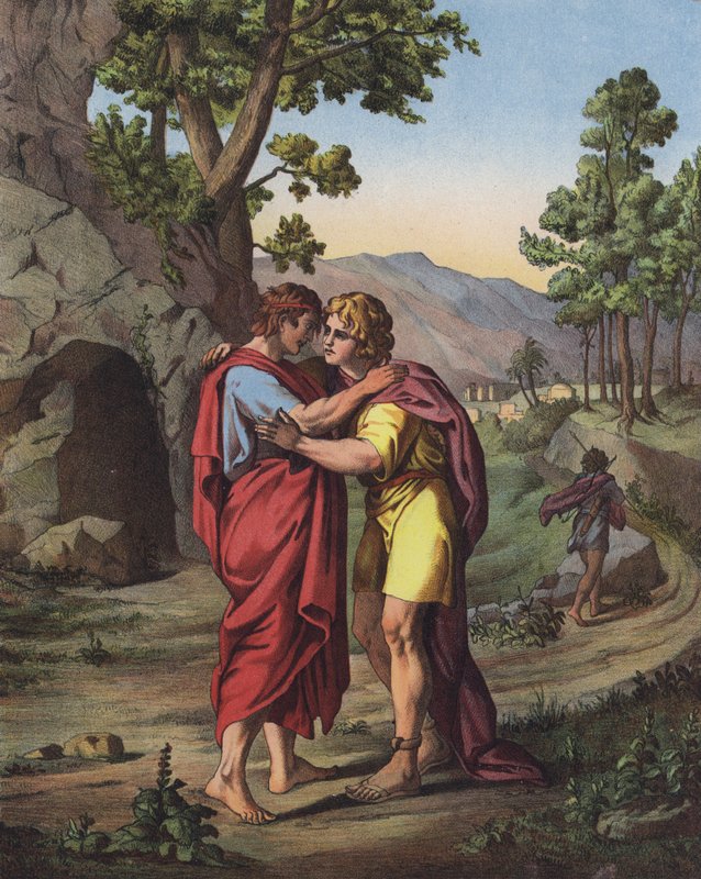 Det siste møtet mellom David og Jonathan (farge litho) av after Raphael