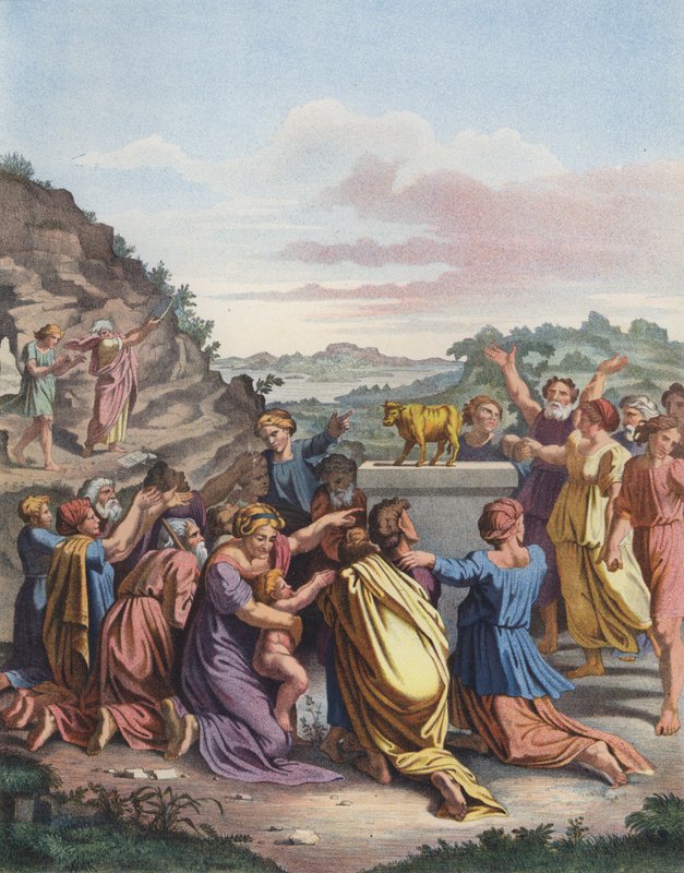 Tilbedelsen av gullkalven (farge litho) av after Raphael