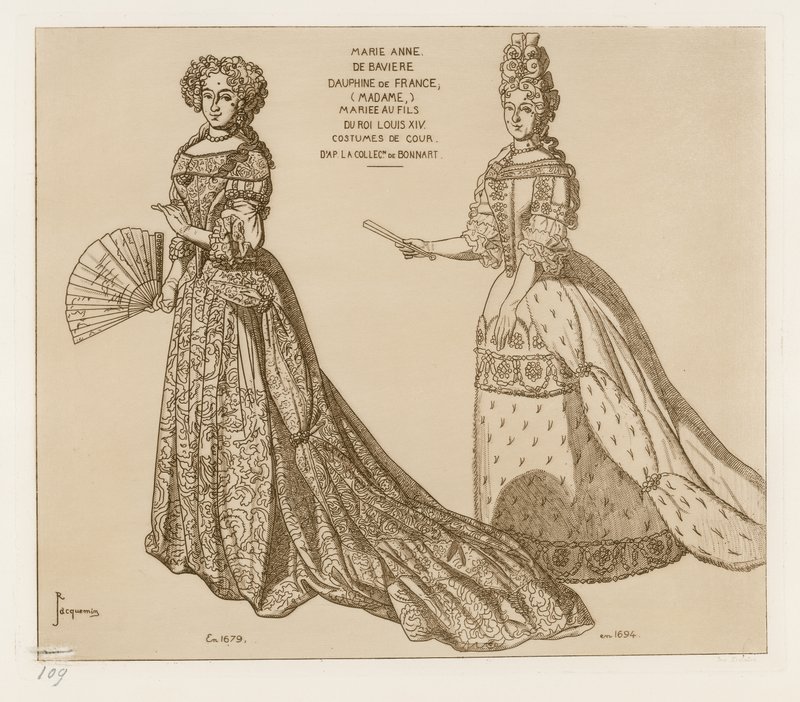 Hofkostymer. Marie Anne de Baviere, Dauphine av Frankrike, gift med sønnen til kong Ludvig XIV. Etter kunstverk i samlingen til Bonnart. av Raphael Jacquemin