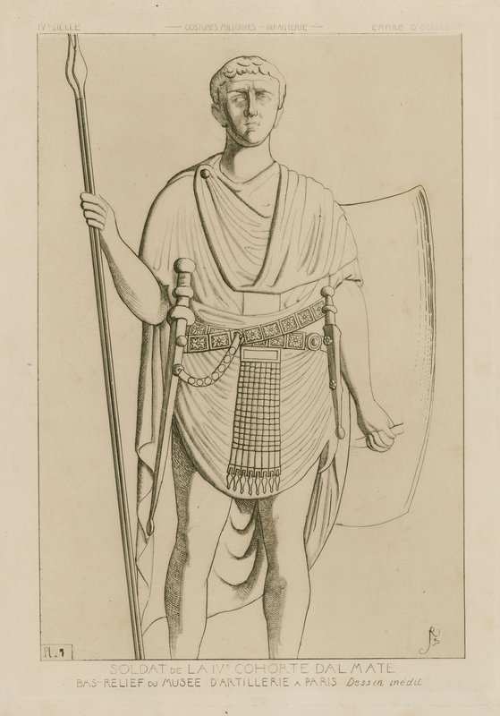 Soldat fra den fjerde dalmatiske kohorten. Basrelieff fra Artillerimuseet i Paris. Unik tegning. Militære kostymer - infanteri - Western Empire. av Raphael Jacquemin