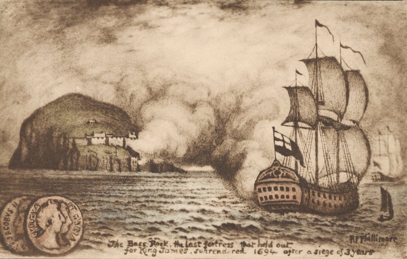 Bass Rock, Skottland, siste festning som holdt ut til støtte for den avsatte kong James II etter den strålende revolusjonen i 1688 av Reginald Phillimore