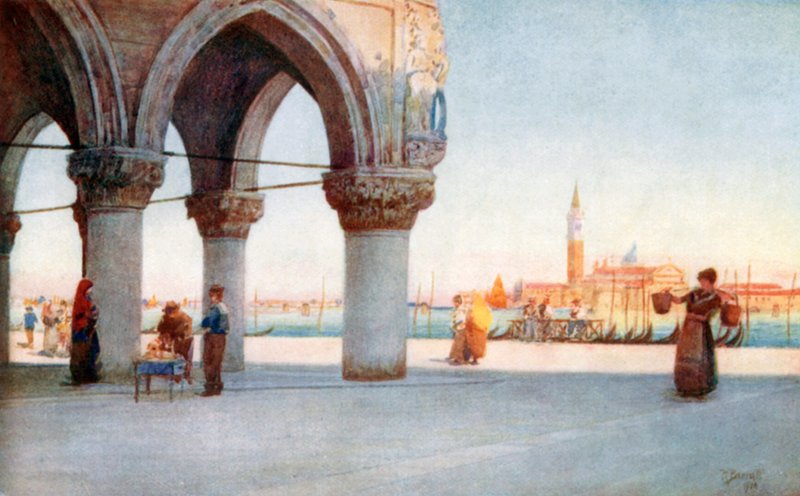Kveld på Piazzetta (farge litho) av Reginald Barratt