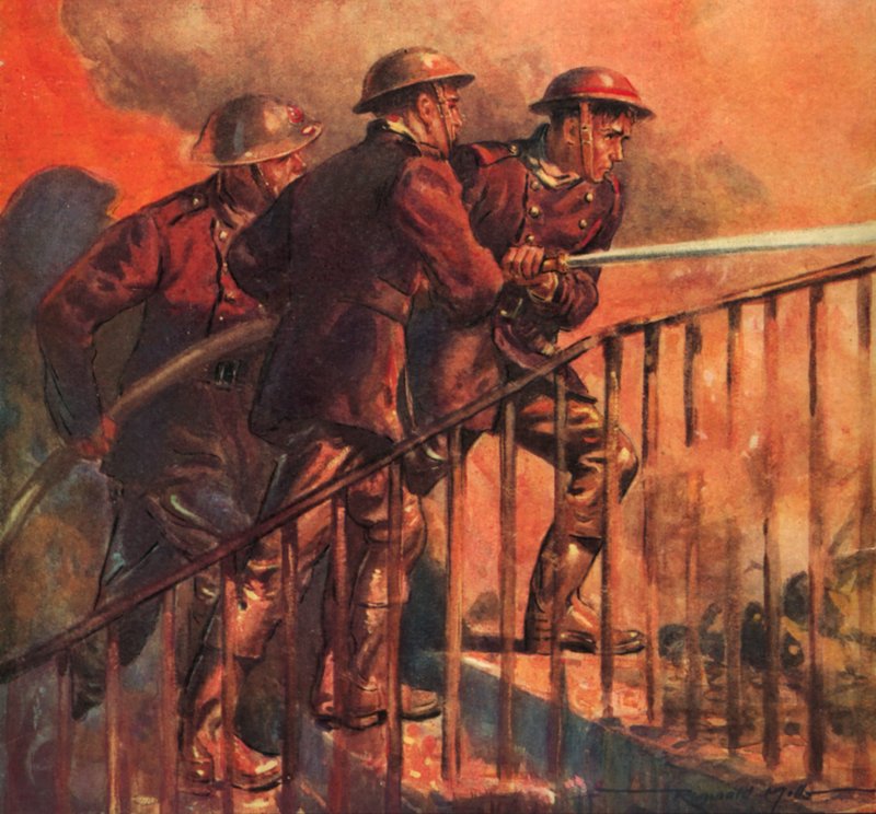 Britiske brannmenn fra krigstidens National Fire Service som bekjemper en brann under Blitz, andre verdenskrig av Reginald Mills