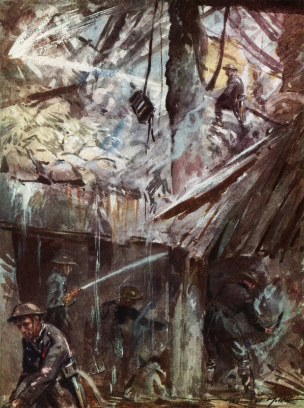 Brannmenn fra krigstidens britiske nasjonale brannvesen demper ned etter et luftangrep under Blitz, andre verdenskrig av Reginald Mills
