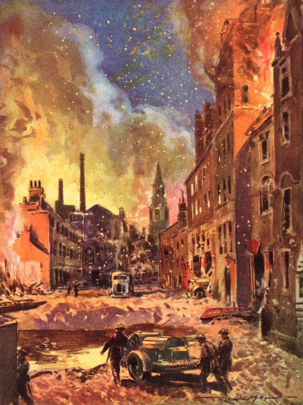 Brannmenn fra krigstidens britiske nasjonale brannvesen inspiserer et stort bombekrater under Blitz, andre verdenskrig av Reginald Mills