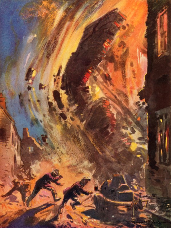 Brannmenn fra det britiske nasjonale brannvesenet i krigstid løper fra en kollapsende bygning under Blitz, andre verdenskrig av Reginald Mills