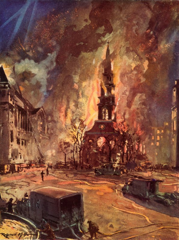 St Clement Danes Church, Strand, London, i brann under Blitz, andre verdenskrig av Reginald Mills