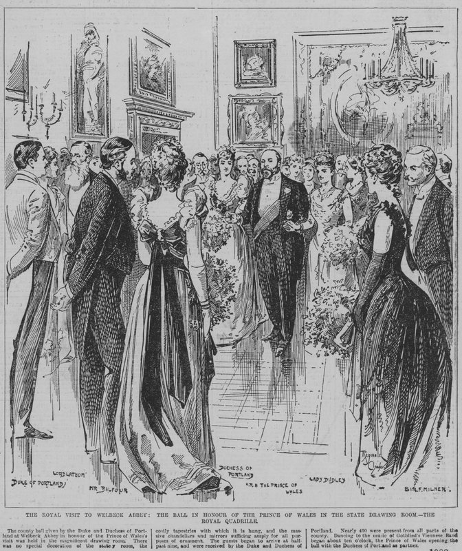Dansing av den kongelige kvadrille på ballet som ble holdt til ære for prinsen av Wales i statssalen i Welbeck Abbey, Nottinghamshire av Reginald Thomas Cleaver