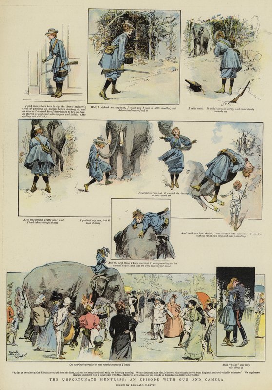 Den uheldige jegeren, en episode med pistol og kamera (chromolitho) av Reginald Thomas Cleaver