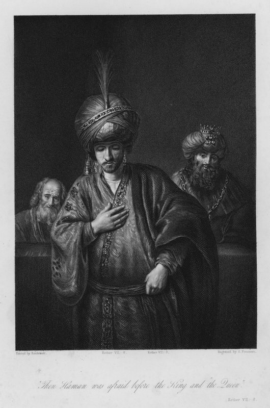 Hamans fordømmelse, Esther VII, 6 (gravering) av Rembrandt Harmensz. van Rijn (after)