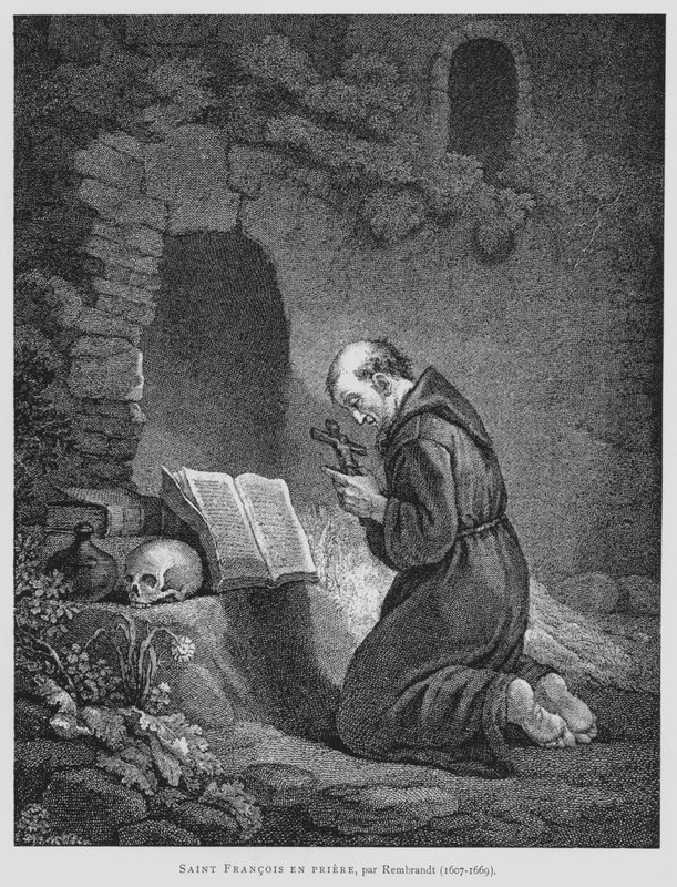 Den hellige Frans av Assisi ber (litho) av Rembrandt Harmensz. van Rijn (after)