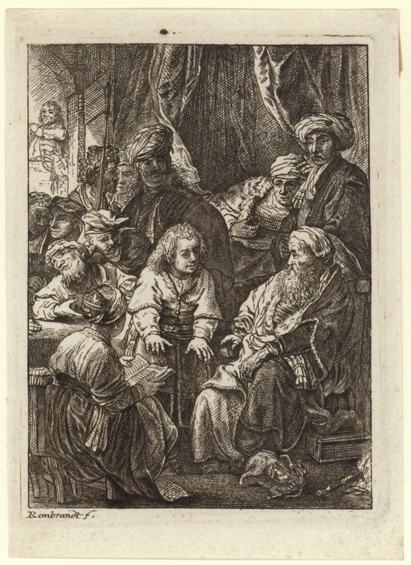 En mengde mennesker samlet seg rundt en sittende gammel mann av Rembrandt van Rijn