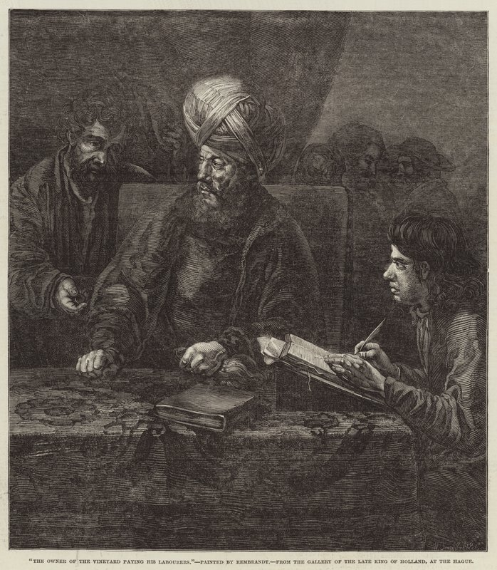 Eieren av vingården betaler sine arbeidere av Rembrandt van Rijn