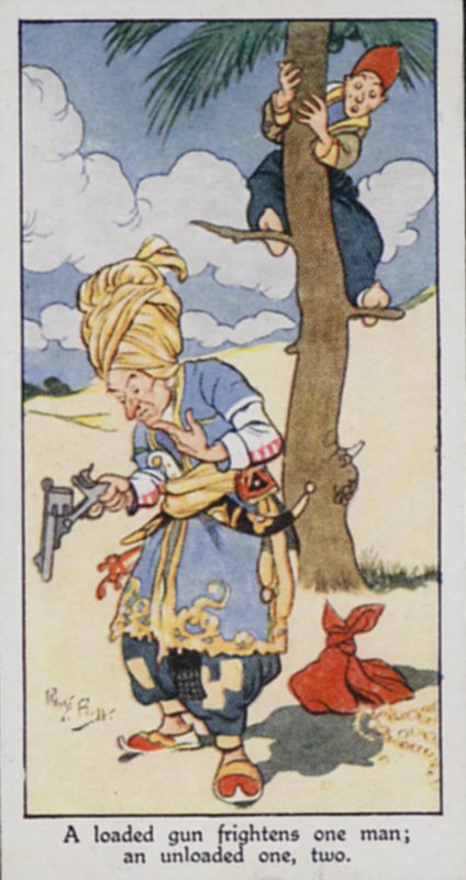 Østlig ordtak: En ladd pistol skremmer én mann; en ubelastet en, to (farget litho) av René Bull