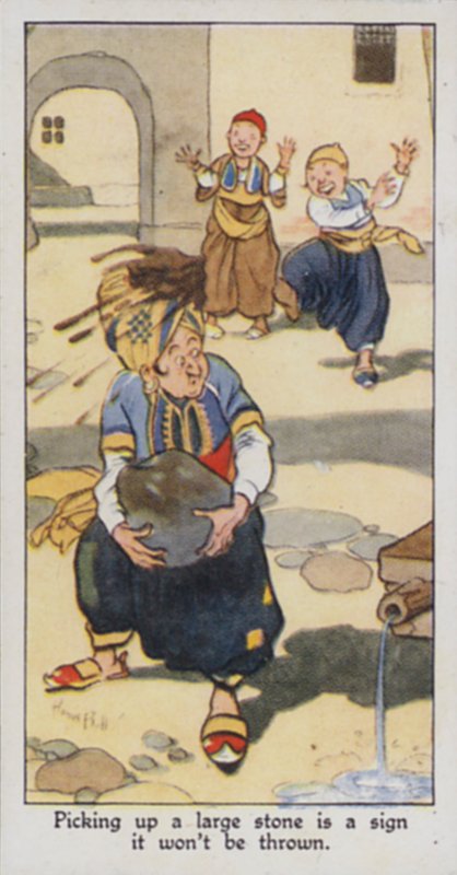 Østlig ordtak: Å plukke opp en stor stein er et tegn på at den ikke vil bli kastet (farge litho) av René Bull