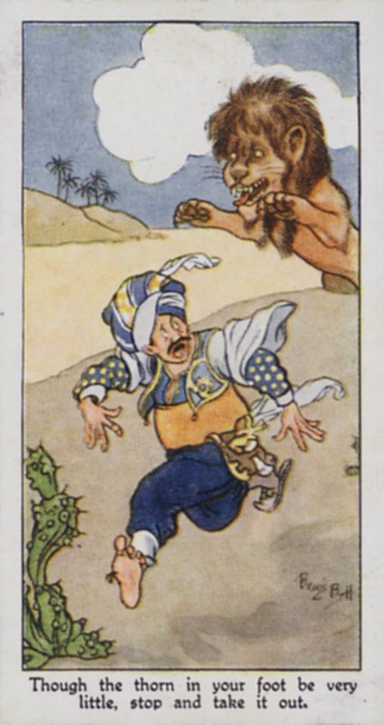 Østlig ordtak: Selv om tornen i foten din er veldig liten, stopp og ta den ut (farge litho) av René Bull