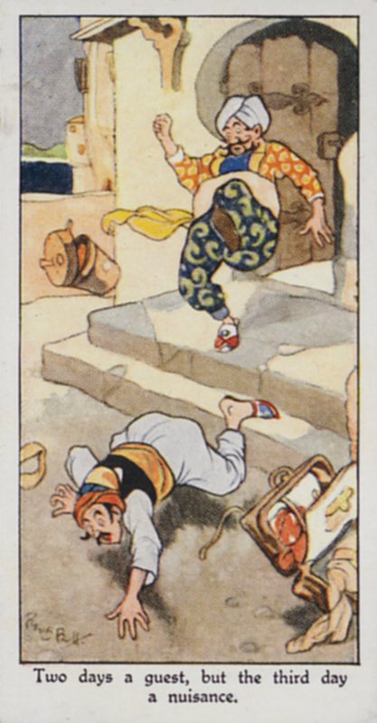 Østlig ordtak: To dager en gjest, men den tredje dagen en plage (farge litho) av René Bull