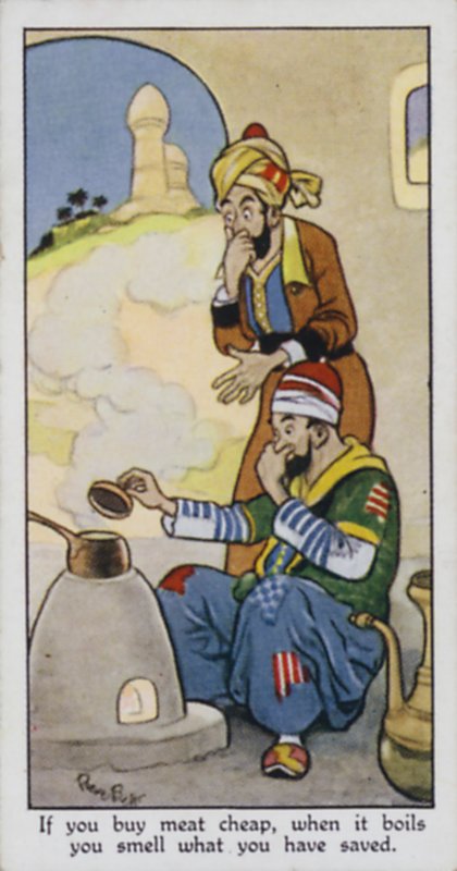Hvis du kjøper kjøtt billig, lukter du når det koker det du har spart (farge litho) av René Bull