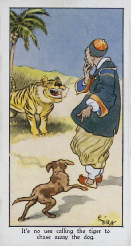 Det nytter ikke å kalle tigeren for å jage bort hunden (farge litho) av René Bull